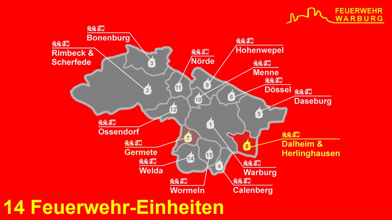 Karte der Hansestadt Warburg mit den Standorten aller 14 Feuerwehr-Einheiten